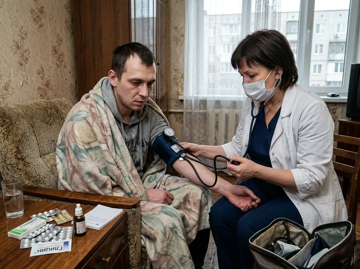 Врач-нарколог осматривает пациента с наркотической ломкой, измеряет давление, домашняя обстановка в Волгограде, медикаменты рядом