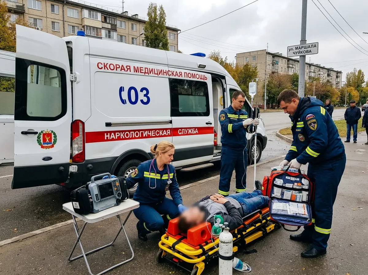 Бригада скорой наркологической помощи с реанимационным оборудованием у машины — экстренная детоксикация в Волгограде