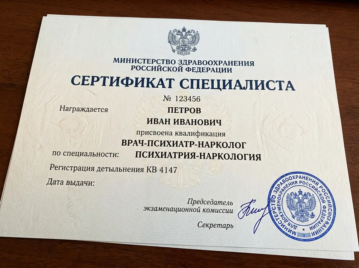 Сертификат специалиста по психиатрии-наркологии врача с синей печатью Минздрава России — официальный документ крупным планом