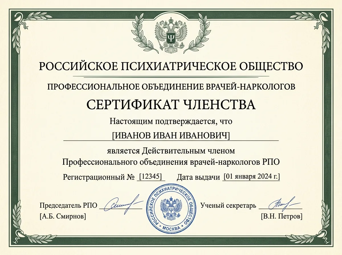 Сертификат членства в Российском обществе психиатров — официальный бланк с печатью, профессиональная ассоциация врачей-наркологов